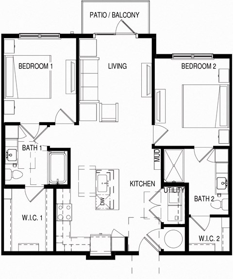 Floor plan for 2 beds, 2 baths, 1074 sqft